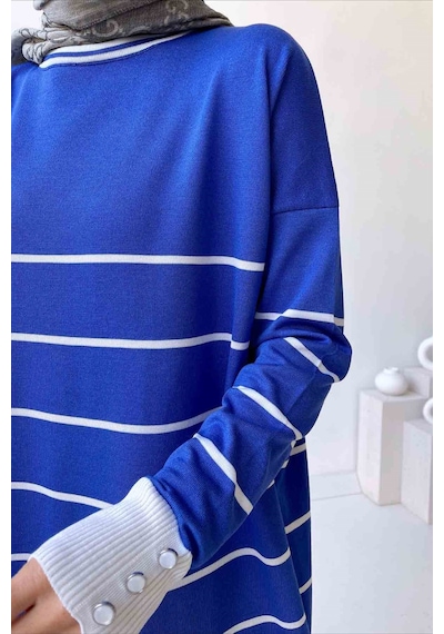 Kahijab Bisiklet Yaka Çizgili Merserize Tunik - İndigo
