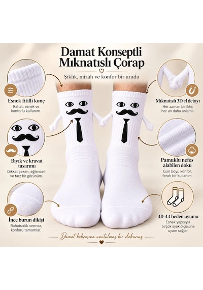Womanandkids Wak Mıknatıslı Damat Çorabı Erkek Beyaz Bıyık Kravat El Ele Tutuşan Düğün Çeyiz Bohça Eğlenceli Çora