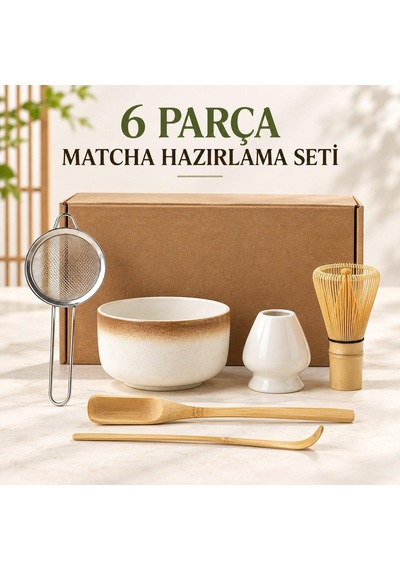 Valkyrie 6 Parça Matcha Hazırlama Seti Bambu Çırpıcı Seramik Kase Süzgeç Ölçü Ve Kaşık Kahve Kahverengi