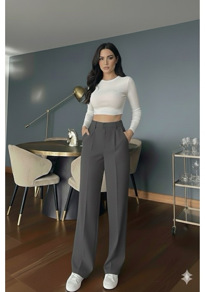 Unika Boutique Kadın Kahverengi Yüksek Bel Palazzo Pantolon Pileli Düğme Detaylı Bol Kesim Likralı Kumaş Pantolon Füme