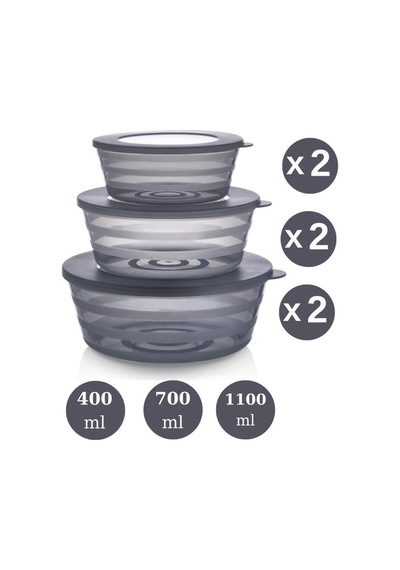 Flosoft Kapaklı Füme Saklama Kabı, Kase Çerezlik Kahvaltılık 3 Boy 6 Lı Set 2x 400ml,700ml,1100ml 6 Adet Füme