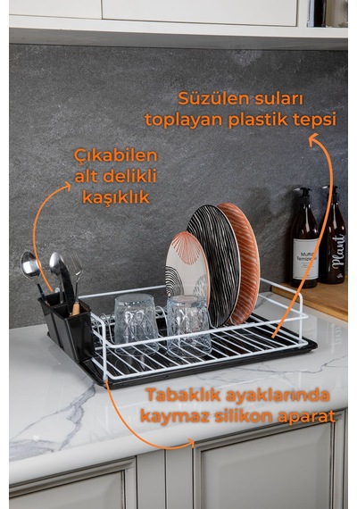 Paslanmaz Metal Tabaklık Bulaşıklık Bulaşık Sepeti Termo Plastik Kaplama Beyaz Beyaz