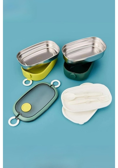 Bento 1300ml Lunchbox 2 Katlı 3 Bölmeli Paslanmaz Çelik Sefer Tası Yemek Kutusu Mavi-fıstık Yeşili Çok Renkli