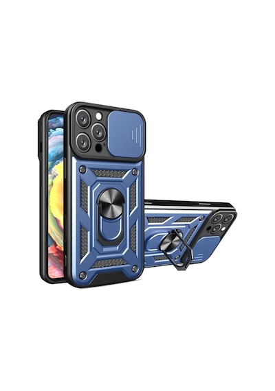 İphone 12 Pro Max Uyumlu Tank Kılıf Yüzüklü Standlı Extra Koruma Zırhlı Outdoor Kapak Lacivert Şeffaf