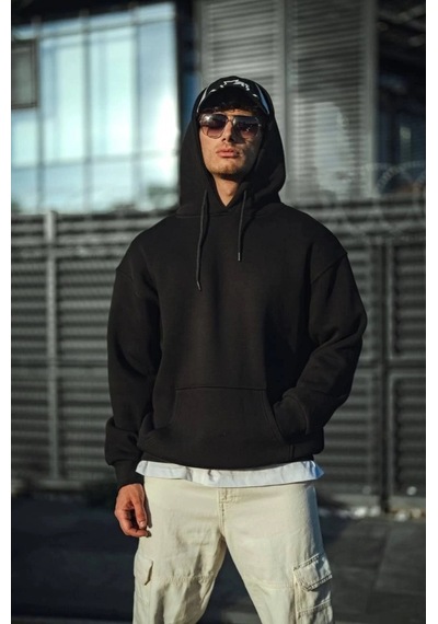 Valensdesign Üç İplik Penye Kapşonlu Basic Sweatshirt - Siyah