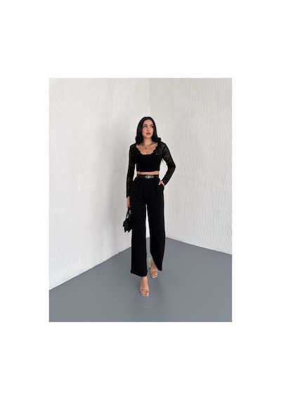Gugus Kadın Palazzo Kemer Detaylı Bol Paça Wide Leg Pantolon Siyah