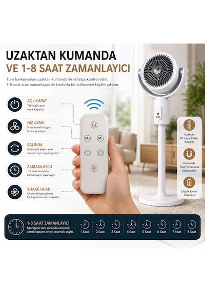 3'ü 1 Arada Akıllı Sirkülasyon Vantilatörü 10w Şarjlı Ayaklı Masaüstü Fan Uzaktan Kumandalı 5 Kademeli