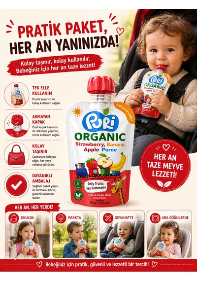 Organic %100 Organik Meyve Püresi Çilek Muz Elma 100 G İlave Şekersiz