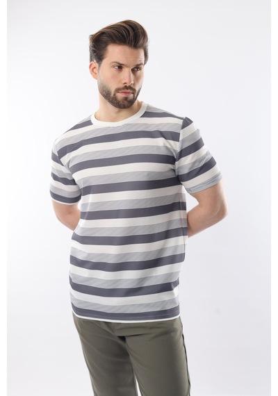 Madmext Füme Bisiklet Yaka Çizgili Erkek T-shirt E7118 Füme