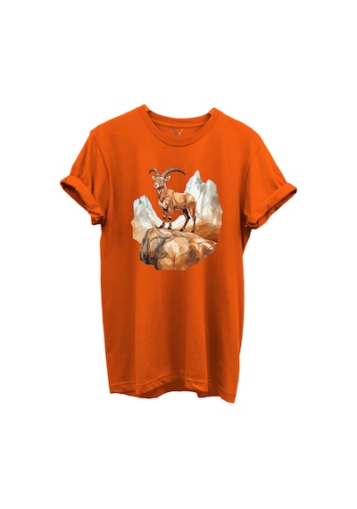 Dağ Keçisi Tasarımlı Avcılık Konseptli %100 Pamuk Regular Fit Bisiklet Yaka Unisex T-shirt Turuncu