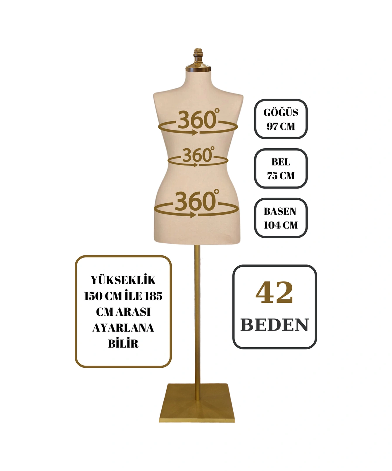 42 Beden Iğne Batabilen Terzi Mankeni Prova Mankeni Sünger Manken Gold Ayaklı Krem Kumaş Po-01
