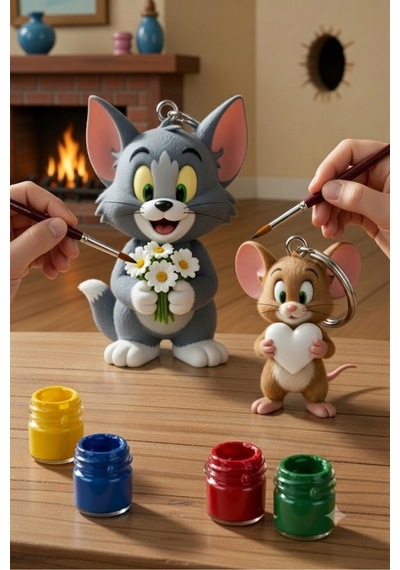Tom Ve Jerry Boyama Seti 2'li Anahtarlık Hobi Kiti 6 Renk Boya Ve 2 Fırça Dahil