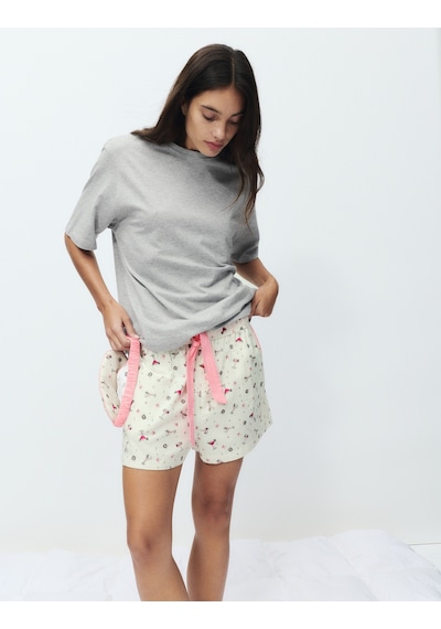 Marks & Spencer Saf Pamuk Desenli Kısa Pijama Takımı T37002241J Gri
