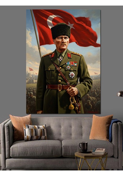 Atatürk Türk Bayrağı Altında Üniformalı Dekoratif Kanvas - Mdf Ahşap Tablo