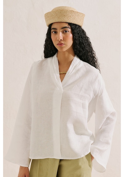 Manuka Keten Katlı Yaka Bluz Ekru Ss26blz00032-01b