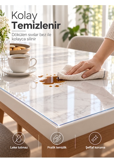 Şeffaf Pvc Masa Örtüsü 1,30mm Kaymaz Masa Koruyucu Çizilme Kirlenme Önleyici Kolay Temizlenebilir Esnek Mika Muşamba