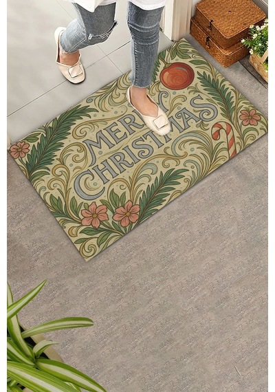 Valerine Life Çiçek Süslemeli Krem Merry Christmas Welcome Hoş Geldiniz Kapı Önü Paspası 45x70cm Kahverengi