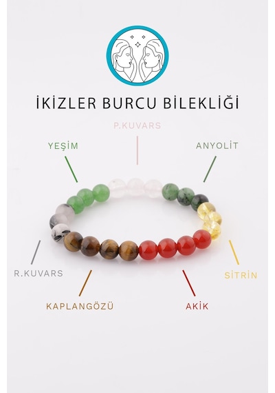 Ikizler Burcu Taşlarından Oluşan Doğal Taş Bileklik 8 Mm Küre Kes Çok Renkli