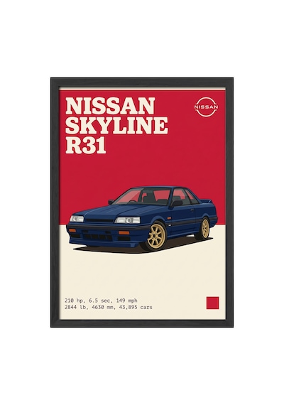 Nissan Skyline R31 Sport Siyah Ahşap Çerçeveli Poster, Dekoratif Araba Duvar Tablosu