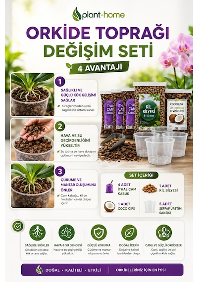 Orkide Toprağı Değişim Seti İthal Çam Kabuğu, Coco Cips, Kil Bilyesi Ve Şeffaf Saksı Seti