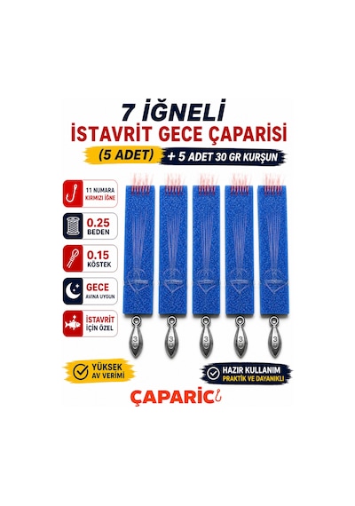 7 İğneli İstavrit Gece Çaparisi 5 Adet +5 Adet 30 Gr Kurşun 11 Numara Kırmızı İğne 0.25 Beden 0.15 Köstek