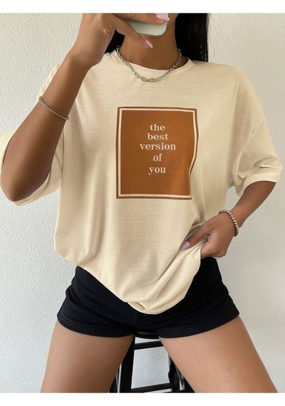 Flood Of Style Kadın Bej The Best Baskılı Oversize Bisiklet Yaka Tshirt