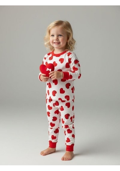 Zekids Kız Bebek Pamuklu Kalp Desenli Pijama Takımı-16850 Kırmızı