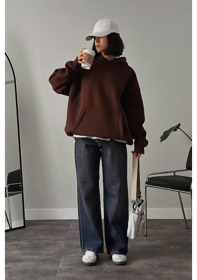 Acı Kahverengi Kapüşonlu Şardonlu Oversize Cepli Sweatshirt Mg2206