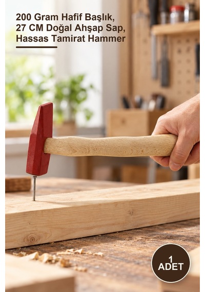 1 Adet Ahşap Saplı Dövme Çelik Çekiç 200 Gram Hafif Başlık, 27 Cm Doğal Ahşap Sap, Hassas Tamirat Hammer