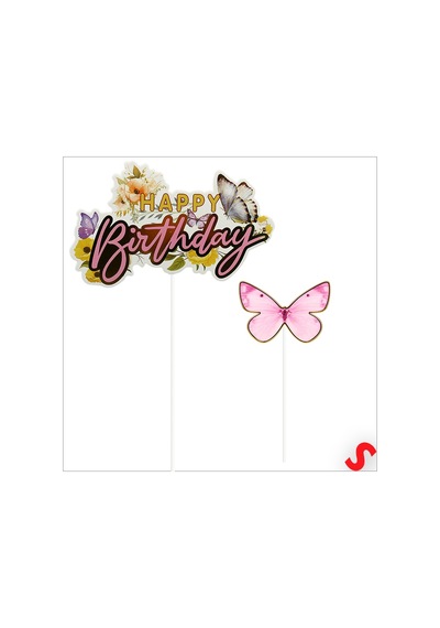Kelebekli Happy Birthday Pasta Süsü 4 Lü Set - Pembe