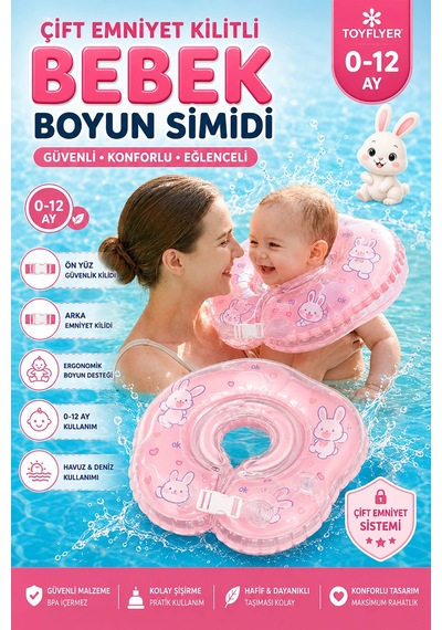 Bebek Yüzme Boyun Simidi - Güvenli Çift Tokalı Bebek Deniz & Havuz Simidi - Pembe Tavşan Figürlü Nr0