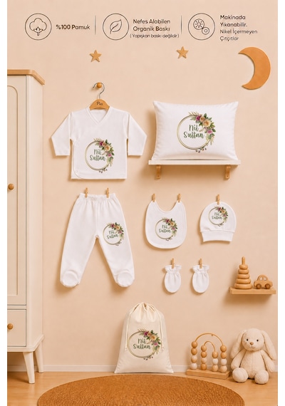 Pia Baby Kişiye Özel %100 Pamuk Kız Bebek Hastane Çıkışı Zıbın Seti 8 Parça Kese Hediyeli 1094zybk0x Krem