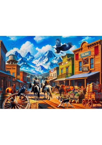 2 Adet 1000 Parça Puzzle - Aslan Kral Kedi Ve Vahşi Batı Kasabası Yapboz 68x48 Cm