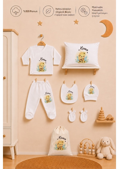 Pia Baby Erkek Bebek Hastane Çıkışı 8 Parça İsme Özel Hediye Keseli Zıbın Seti %100 Pamuk Organik Baskı 2064zybkyx Ekru