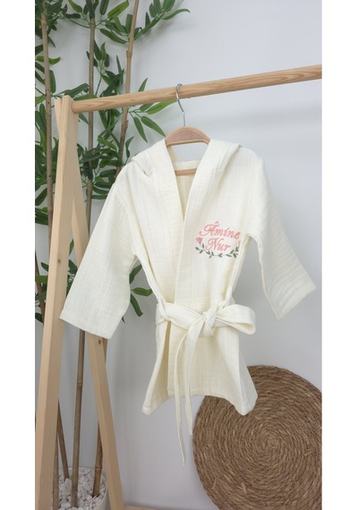 Gros Shop Müslin Yeni Doğan 4katlı Organik %100pamuk Kişiye Özgü Nakışlı Hastane Çıkış Seti Çiçek Model-2 Ekru-7