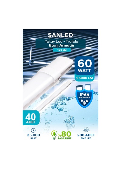 60w 120 Cm Yatay Led Etanj Armatür-trafolu Beyaz Işık 40 Adet Beyaz