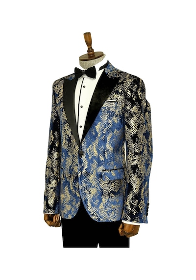 Wessi Dik Yaka Slim Fit Altın Desenli Lacivert Erkek Balo Ceket - Wessi Lacivert