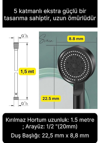 Premium Duş Seti 5 Fonksiyonlu Tasarruflu Başlık Esnek Kırılmaz Çatlamaz Paslanmaz Sızdırmaz Hortum Çok Renkli