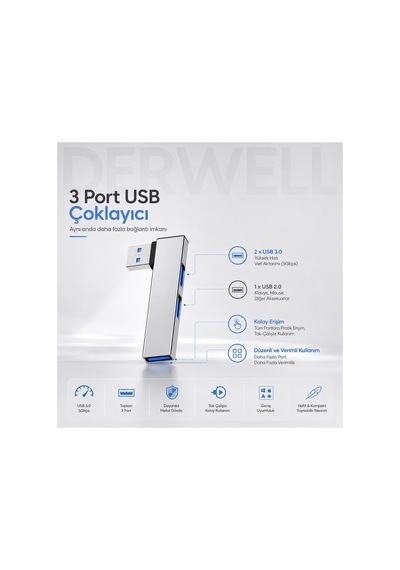 Usb Hub 3 Port Çoklayıcı Çoğaltıcı Dağıtıcı Dönüştürücü Metal Kasa Yüksek Hızlı 5gbps Veri Aktarımı, Usb 3.0 Destekli, Windows Macos Linux Android Uyumlu, Tak Çalıştır Akıllı Korumalı Adaptör