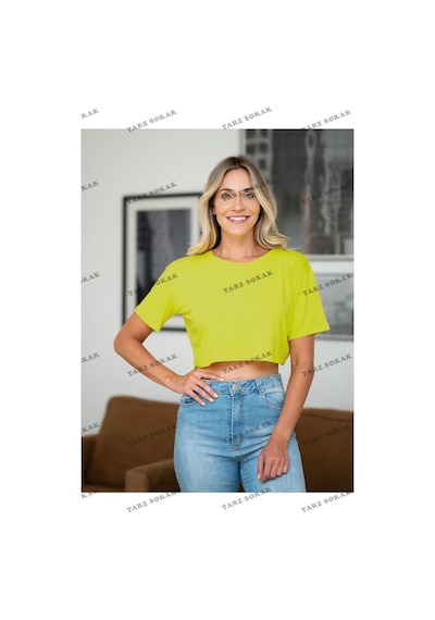 Tarzsokak Beyaz %100 Pamuk Bisiklet Yaka Oversize Crop Beyaz
