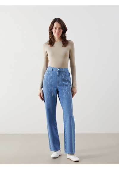 Lcw Comfort İndigo Beli Lastikli Straight Fit Taşlı Kadın Jean Pantolon