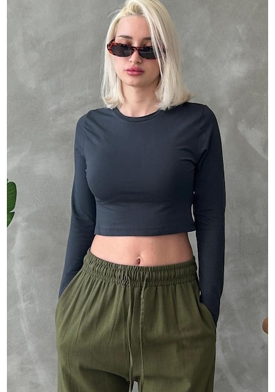 Seeh Füme Bisiklet Yaka Uzun Kollu Kadın Top Body Sh216