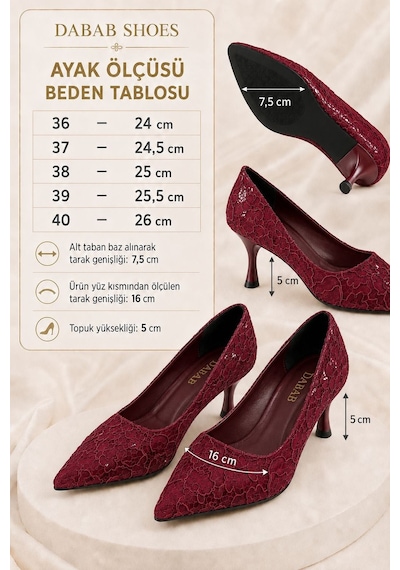 Dabab Shoes Leyla Kadın Bordo Sivri Burun Dantel Desenli 5 Cm İnce Topuklu Stiletto Ayakkabı Dabab Shoes Leyla Kadın Bordo Sivri Burun Dantel Desenli 5 Cm İnce Topuklu Stiletto Ayakkabı