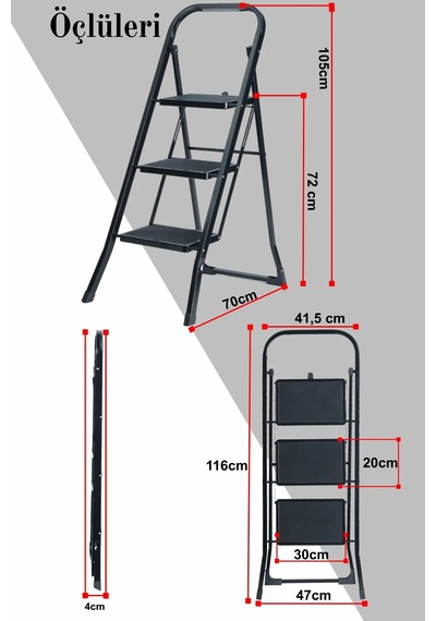 Minitower 3 Basamaklı Metal Merdiven - Ekstra Güçlü Siyah 3basamaklı