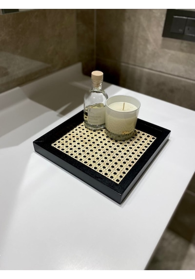 Rattan Hazeran Kare Tepsi Siyah-24x24 Cm %100 Doğal Hazeran
