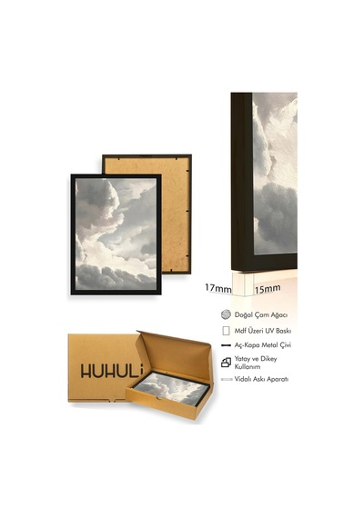 Doğal Ahşap Çerçeveli Soyut Bulut Desenli Tablo - Pastel Tonlar Huhu1169