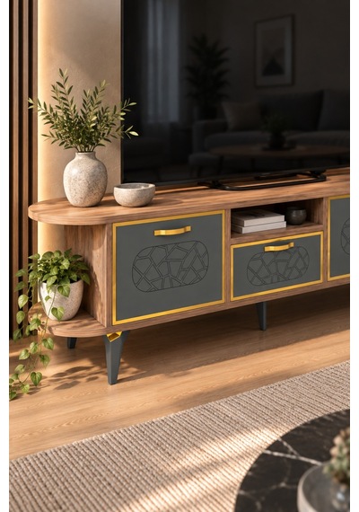 Sulorahome Kahverengi Gold Detaylı 160 Cm Tv Ünitesi Kahverengi - Altın