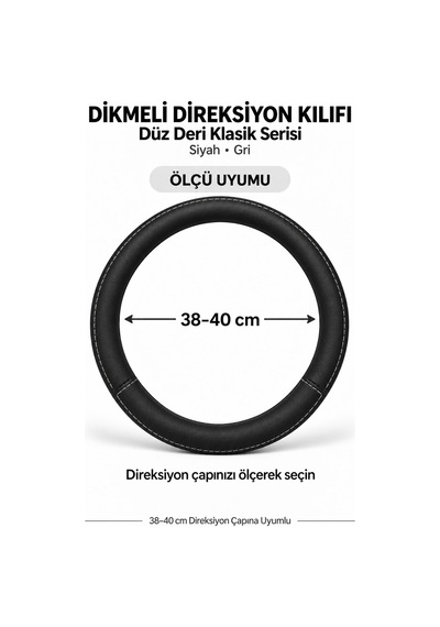 Trobus Renault Kangoo 2024 Ve Sonrası Uyumlu Dikmeli Direksiyon Kılıfı Düz Deri Klasik Siyah Gri Siyah - Gri
