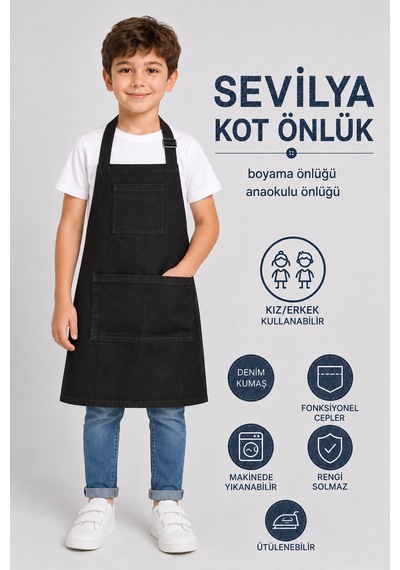 Çocuk Kot Mutfak Önlüğü Boyama Önlüğü Resim Önlüğü Anaokulu Önlüğü Siyah