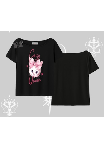 Tarzsokak Cozy Queen Kedi Baskılı Kayık Yaka Tshirt Siyah